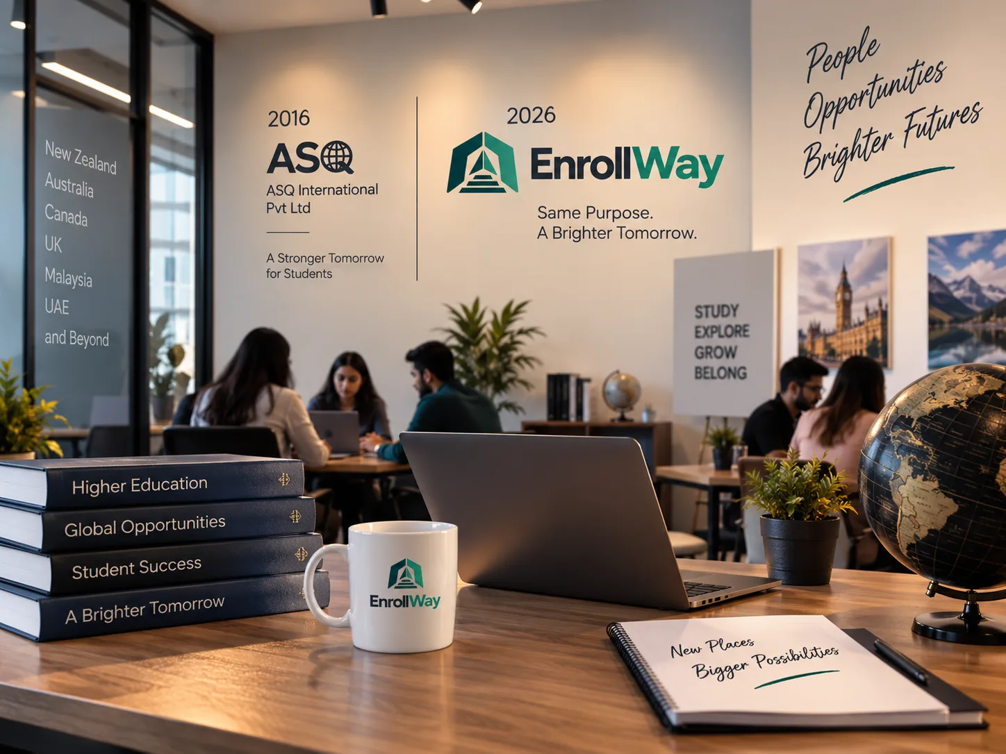 Admissions counsellors advising international students in the head office